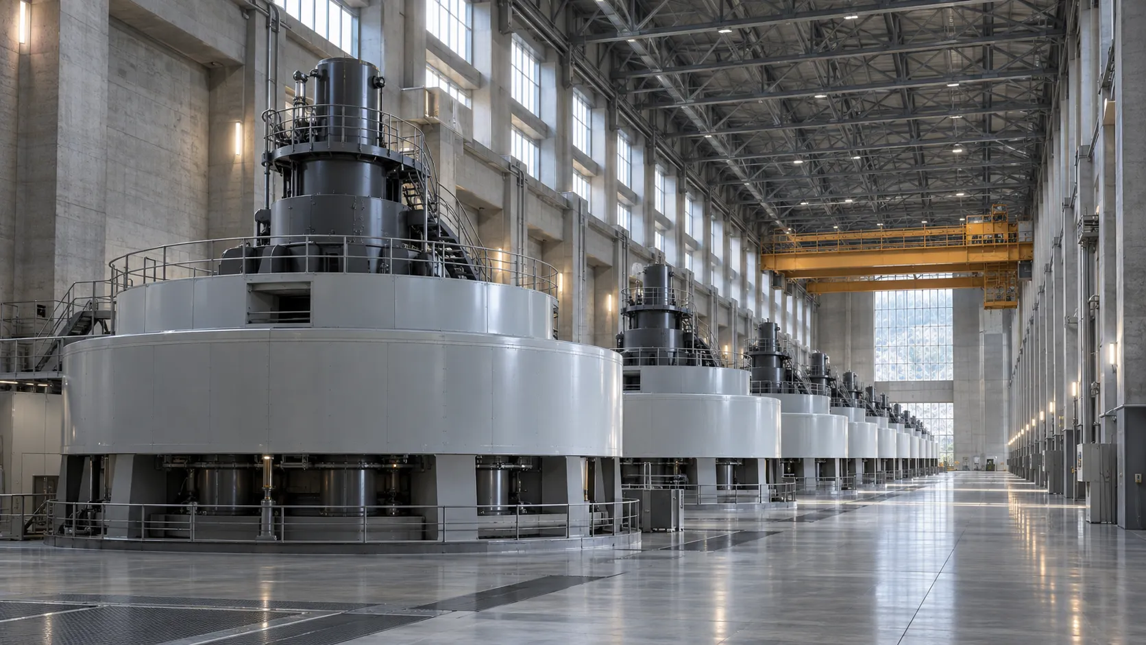 Illustrative hydroelectric turbine hall, generated with AI